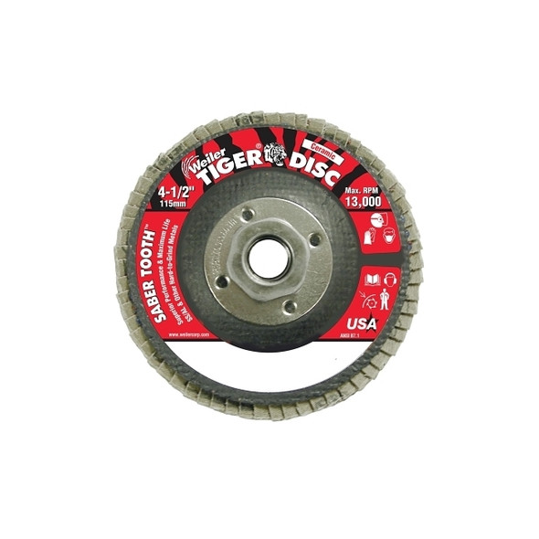 Saber Tooth Ceramic Flap Discs, 4 1/2 in, 80 Grit, 5/8 Arbor, 13,000 rpm Pack of 10