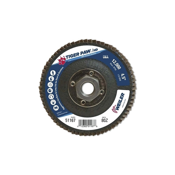 Tiger Paw™ Super High Density Flap Disc, 4-1/2 in dia, 80 Grit, 5/8 in-11 Arbor, 12000 RPM, Type 27 Flat