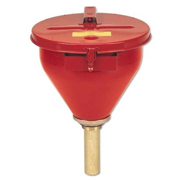 Safety Drum Funnel, w/Self-Closing Cover, 6 in Brass Flame Arrestor, 2 in Drum Bung, Red