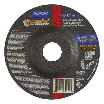Gemini® Type 27 Grinding and Cutting Wheel, 4-1/2 in dia x 1/8 in T x 7/8 in Arbor Hole, AO