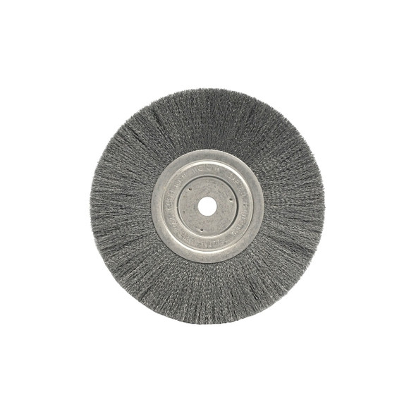 Narrow Face Crimped Wire Wheel, 8 in dia x 3/4 in W Face, 0.006 in Stainless Steel Wire, 6000 RPM