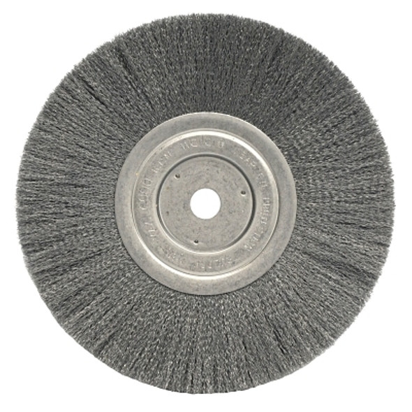Narrow Face Crimped Wire Wheel, 8 in dia x 3/4 in W Face, 0.006 in Stainless Steel Wire, 6000 RPM Narrow Face Crimped Wire Wheel, 8 in dia x 3/4 in W Face, 0.006 in Stainless Steel Wire, 6000 RPM