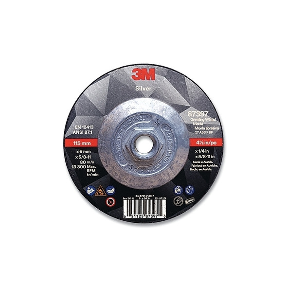 Silver Depressed Center Grinding Wheel, 4-1/2 in dia, 1/4 in, 5/8 in-11 Arbor Thread, 36 Grit, Precision Shaped Ceramic