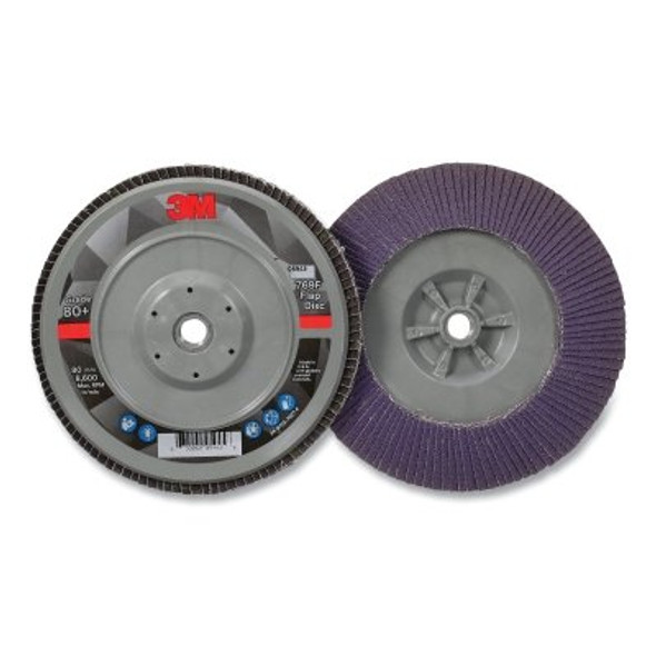 Coated Flap Disc 769F, 7 in dia, 80+ Grit, 5/8 in - 11 Arbor, 8600 RPM, T29