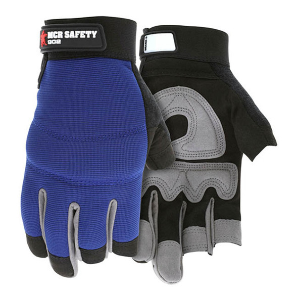 MCR Safety® Mechanics 3 Fingerless Padded Palm Gloves, Large, Blue/Black, 1/Pair
