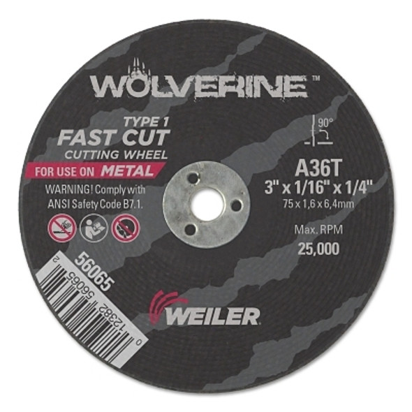 Wolverine® Cut-Off Wheel, Type 1, AO, 3 in dia x 3/8 in Arbor x 1/8 in Thick, 36S, 50 EA/BX