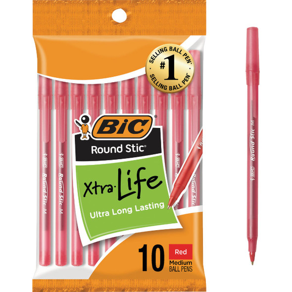 BIC Round Stic Medium Point Red Ball Pen (10-Pack) GSMP101-RED