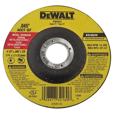 High Performance™ Cutting Wheel, Type 27, 4-1/2 in dia x 0.045 in Thick x 7/8 in Arbor, 60 Grit, Aluminum Oxide