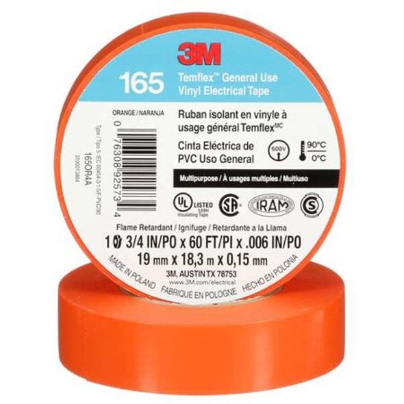 3m ElectricalTape,Vinyl,Orange,20ydL,3/4inW 165OR4A 3m ElectricalTape,Vinyl,Orange,20ydL,3/4inW 165OR4A