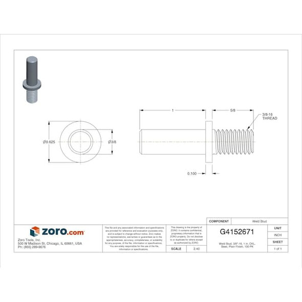 Nelson Stud Welding NELSON 1" Drawn Arc Weld Stud,PK100 101-015-860-G100 Nelson Stud Welding NELSON 1" Drawn Arc Weld Stud,PK100 101-015-860-G100