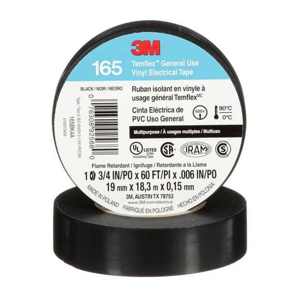 Vinyl Electrical Tape, 165 Temflex, 3/4 in W x 20 yd L, 6 mil Thick, Black