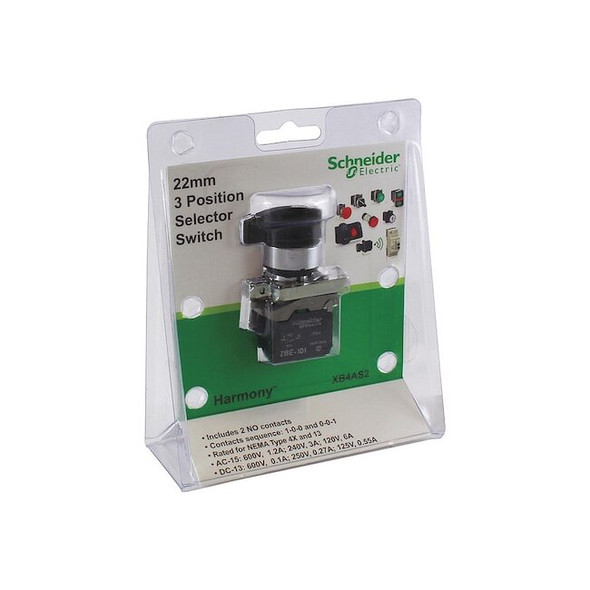 Schneider Electric Selector Switch, 3 Pos, 22 mm, Black XB4AS2