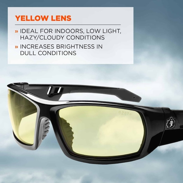 Ergodyne ODIN, Safety Glasses, Uncoated, Yellow Lens, Black Frame, Full-Frame ODIN