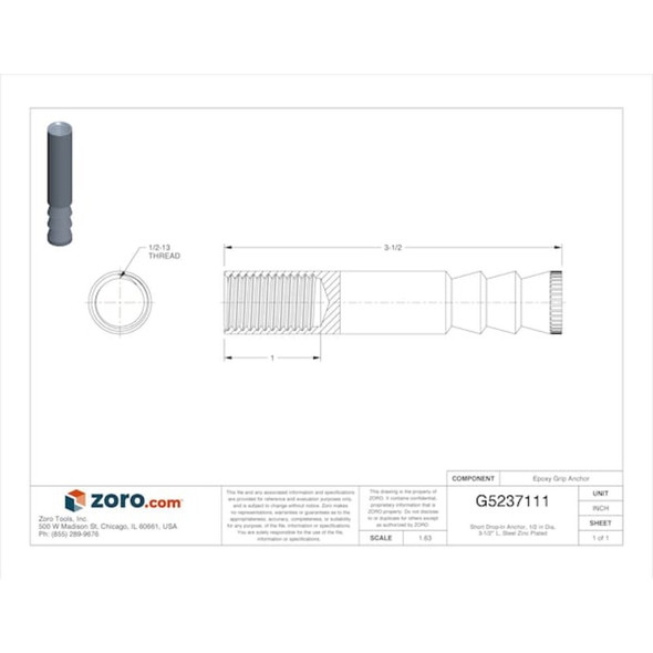 Short Drop-In Anchor, 1-2 in Dia, 3-1-2" L, Steel Zinc Plated  301233I
