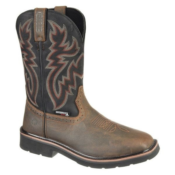 Men's Western Boot, 9 M, Steel Toe, 10 in H, Black/Brown, W10765