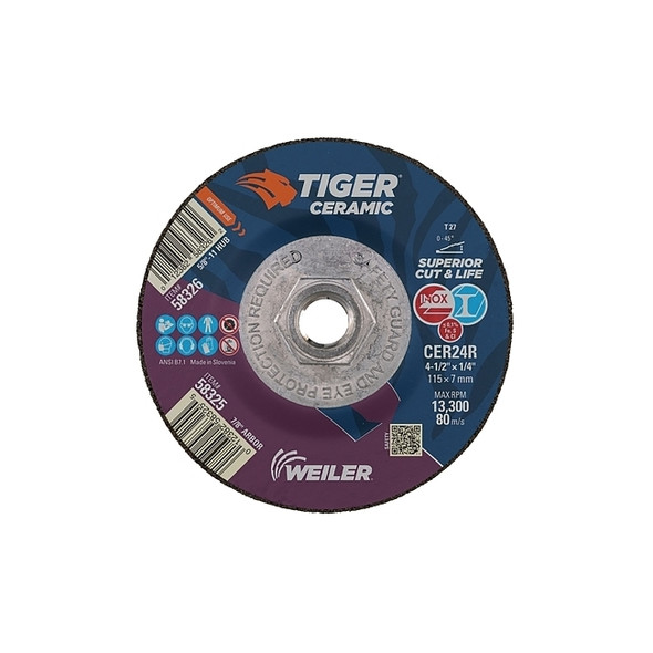 Tiger® Grinding Wheel, 4-1/2 in dia x 1/4 in Thick x 5/8 in-11 Arbor, 24 Grit, Ceramic Alumina, Type 27, 10 EA/BX