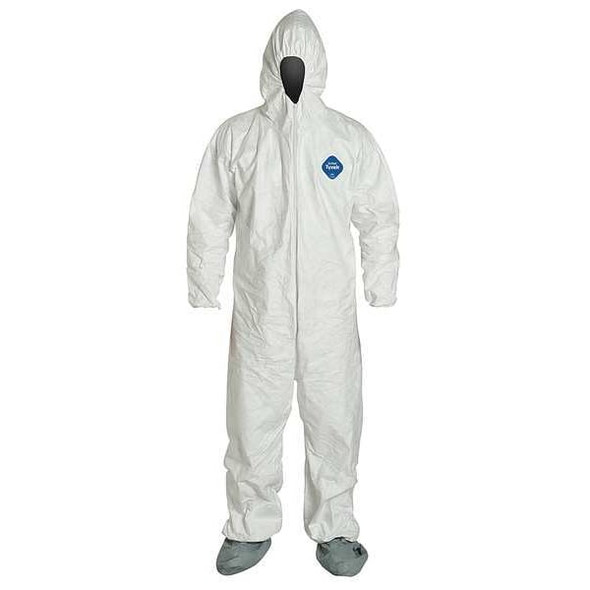 Tyvek 400 Hooded Disposable Coverall, Attached Skid-Resistant Boots, Elastic Wrist, 4XL, White