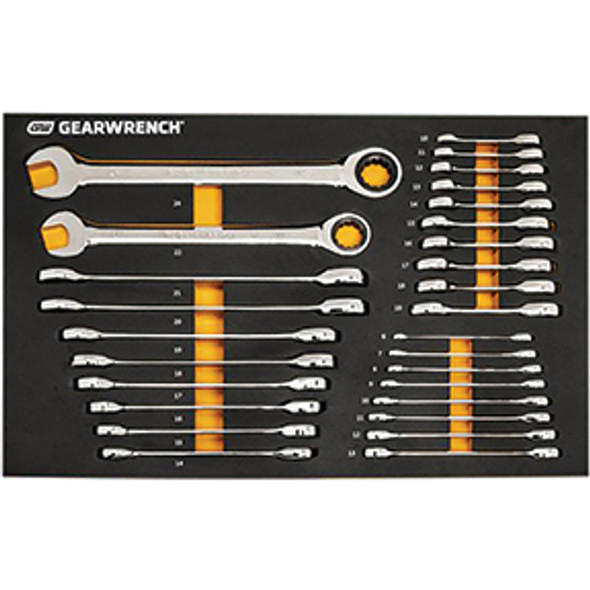 28 Pc. 72-Tooth 12 Point Metric Standard & Stubby Combo Ratcheting Wrench Set with EVA Foam Tray 86527