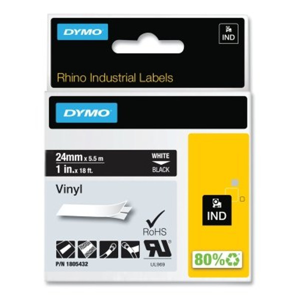 Industrial Rhino™ Vinyl Label Cartridge, 1 in W x 18 ft L, White Print on Black Background Pack of 5