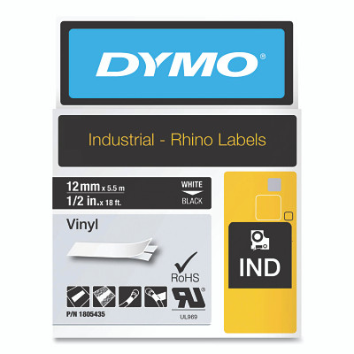 Industrial Rhino™ Vinyl Label Cartridge, 1/2 in W x 18 ft L, White Print on Black Background