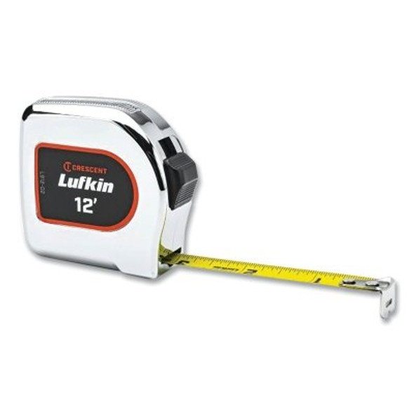 Chrome Power Tape Measure, 1/2 in W, 12 ft L, Chrome Case, Yellow Clad Chrome Power Tape Measure, 1/2 in W, 12 ft L, Chrome Case, Yellow Clad