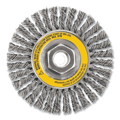 Wire Wheel Brushes, Stainless Steel Stringer, 5 in dia, 5/8 in-11 TPI, 12000 RPM