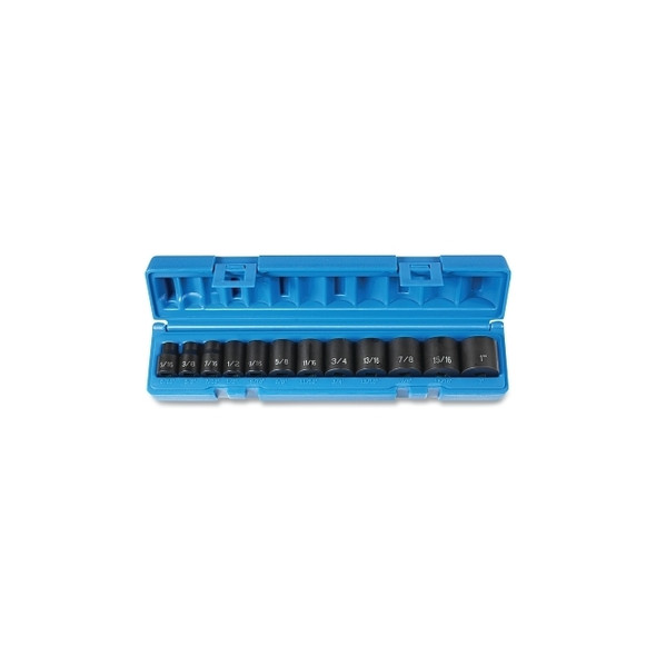 Impact Socket Set, 3/8 in Drive, SAE, 12-point, 5/16 in to 1 in, 12-Pc STD Length