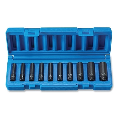 Impact Socket Set, 1/4 in Dr, SAE, 6s-point, 3/16 in to 9/16 in, 10-Pc Deep Length Surface Drive