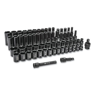 Impact Socket Set, 1/2 in Dr, 6-point, SAE/Metric, 7/16 in to 10mm, 65-Pc Deep/Standard Lengths, Incl Blow Mold Case