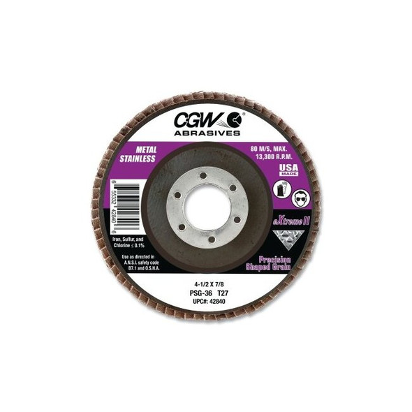 PSG eXtreme II Flap Disc, 4-1/2 in dia, 40 Grit, 7/8 arbor, 13300 RPM, Type 27