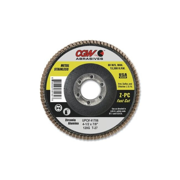 Z-Poly Cotton Flap Disc, 4-1/2 in dia, 40 Grit, 5/8 in - 11 Thread, Type 27 Pack of 10