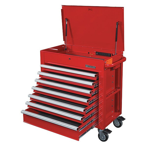WESTWARD Tool Utility Cart, 7-Drawers, Powder Coated Red, 36" W x 22" D x 39" H