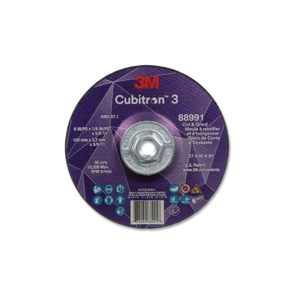 Cubitron™ 3 Cut and Grind Wheel, 6 in dia x 1/8 in Thick x 5/8 in-11 Arbor, 36+ Grit, T27