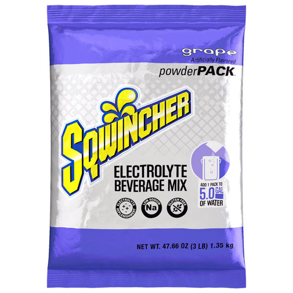 Sqwincher® Regular Powder Packs, 47.66 oz Packs, 5 gal Yield, Grape, 16/Case