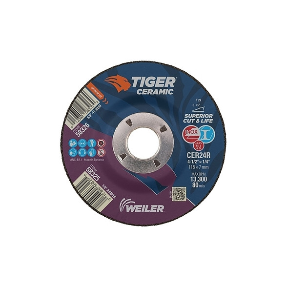 Tiger® Grinding Wheel, 4-1/2 in dia x 1/4 in Thick x 7/8 in Arbor, 24 Grit, Ceramic Alumina, Type 27, 10 EA/BX
