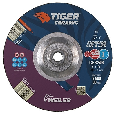 Tiger® Grinding Wheel, 7 in dia x 1/4 in Thick x 5/8 in-11 Arbor, 24 Grit, Ceramic Alumina, Type 27, 10 EA/BX