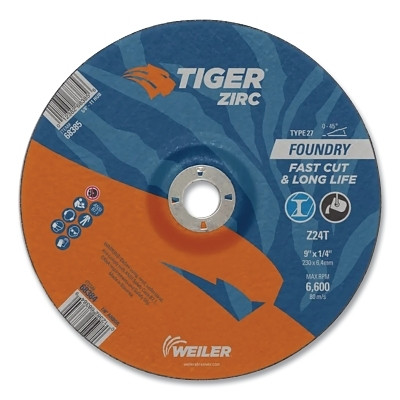 Tiger® Grinding Wheel, 9 in dia x 1/4 in Thick x 7/8 in Arbor, 24 Grit, Zirconia Alumina, Type 27, 10 EA/BX