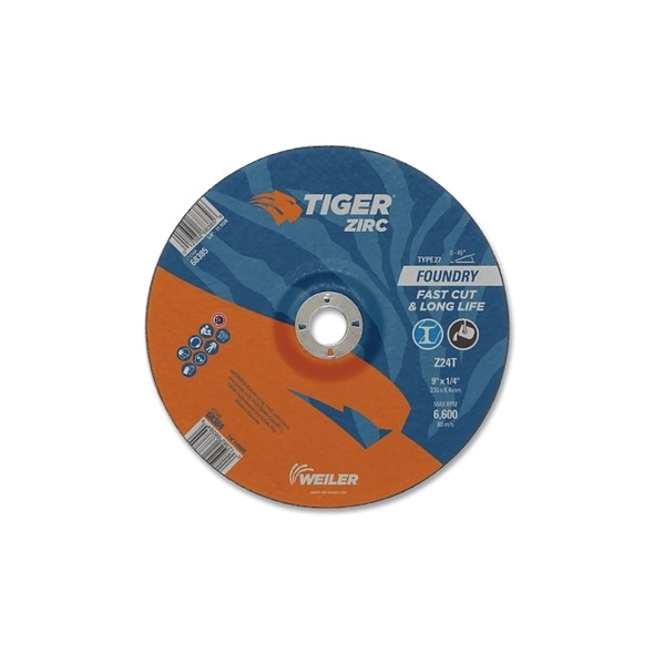Tiger® Grinding Wheel, 9 in dia x 1/4 in Thick x 7/8 in Arbor, 24 Grit, Zirconia Alumina, Type 27, 10 EA/BX