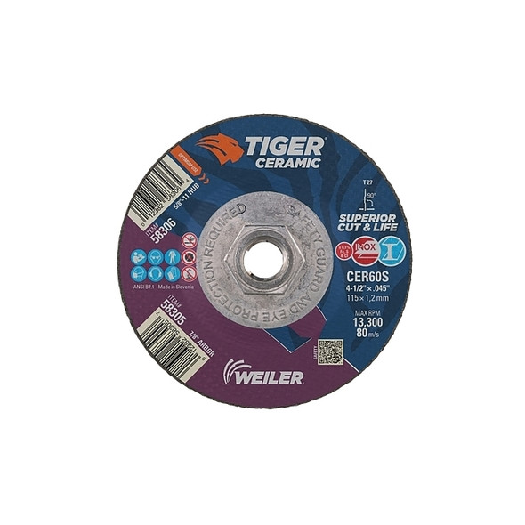 Tiger™ Ceramic Cutting Wheel, 4.5 in Diameter., 0.045 in Thick, 60 Grit, Ceramic Alumina
