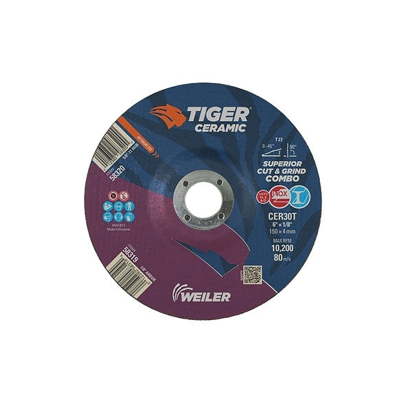 Tiger Ceramic Combo Wheels, 6 in Dia., 1/8 in Thick, 7/8 in Arbor, 30 Grit