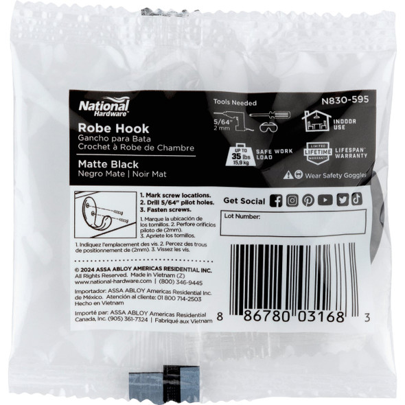 National Hardware Matte Black Robe Hook N830-595 245120