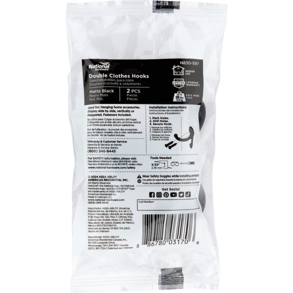 National Hardware Matte Black Double Clothes Hook (2-Pack Bagged)