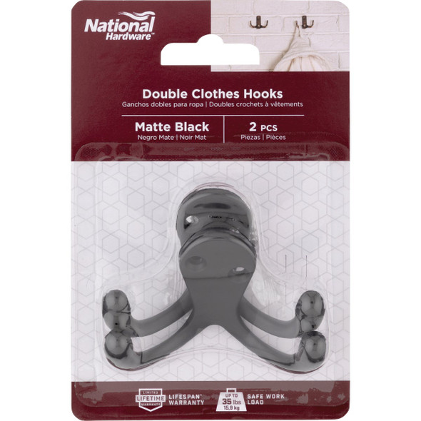 National Hardware Matte Black Double Clothes Hook (2-Pack) N830-596 247231