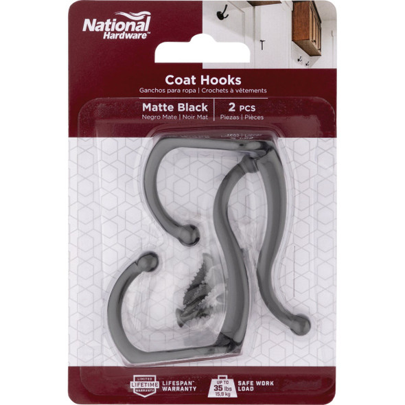 National Hardware Matte Black Coat Hook (2-Pack)