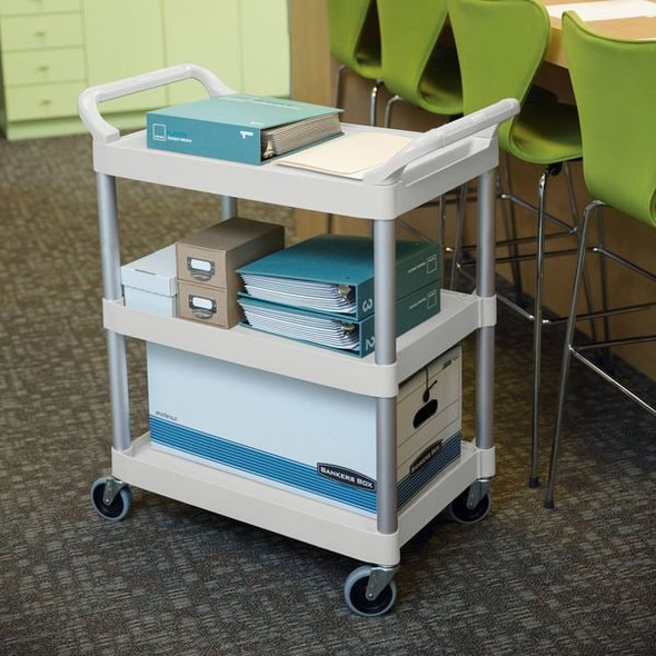 Dual-Handle Utility Cart with Lipped Plastic Shelves, Plastic, 200 lb Load Capacity, 3 Shelves