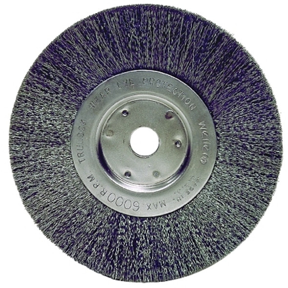Narrow Face Crimped Wire Wheel, 6 in dia x 3/4 in W Face, 0.006 in Stainless Steel Wire, 6000 RPM