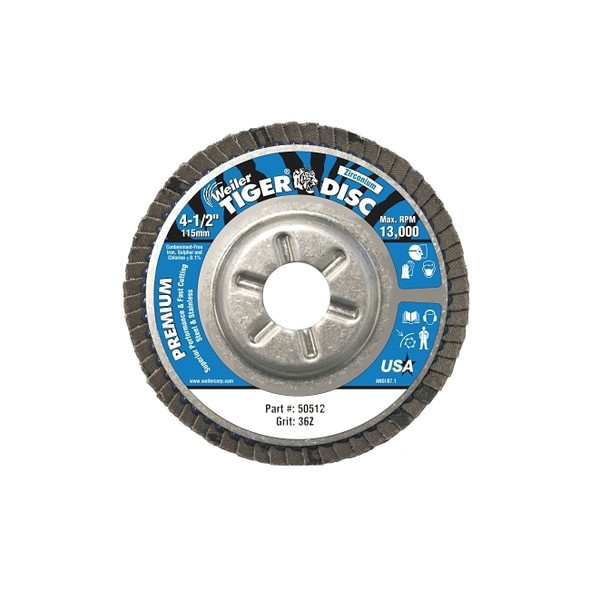 Tiger Disc Angled Style Flap Discs, 4 1/2 in, 36 Grit, 7/8 Arbor, Aluminum Back