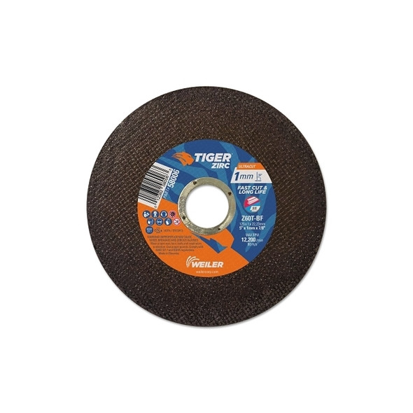 Tiger® Zirc Thin Cutting Wheel, 5 in dia, 1 mm Thick, 7/8 in Arbor, 60 Grit Pack of 50