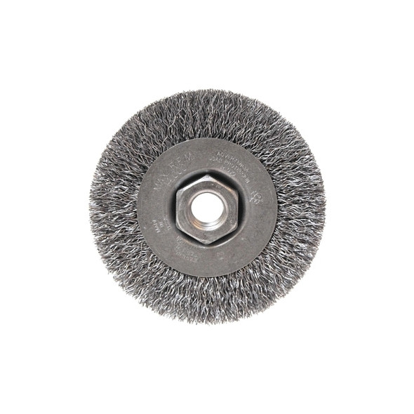 Light Duty Crimped Wheel Brush, 4 in dia x 1/2  in W, 0.014 Carbon Steel Wire, 14000 RPM