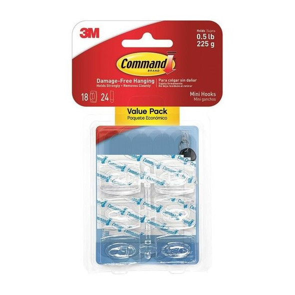 Command Hook Set, Clear, Plastic, 3/8 in D, PK12 17006CLR-18ES